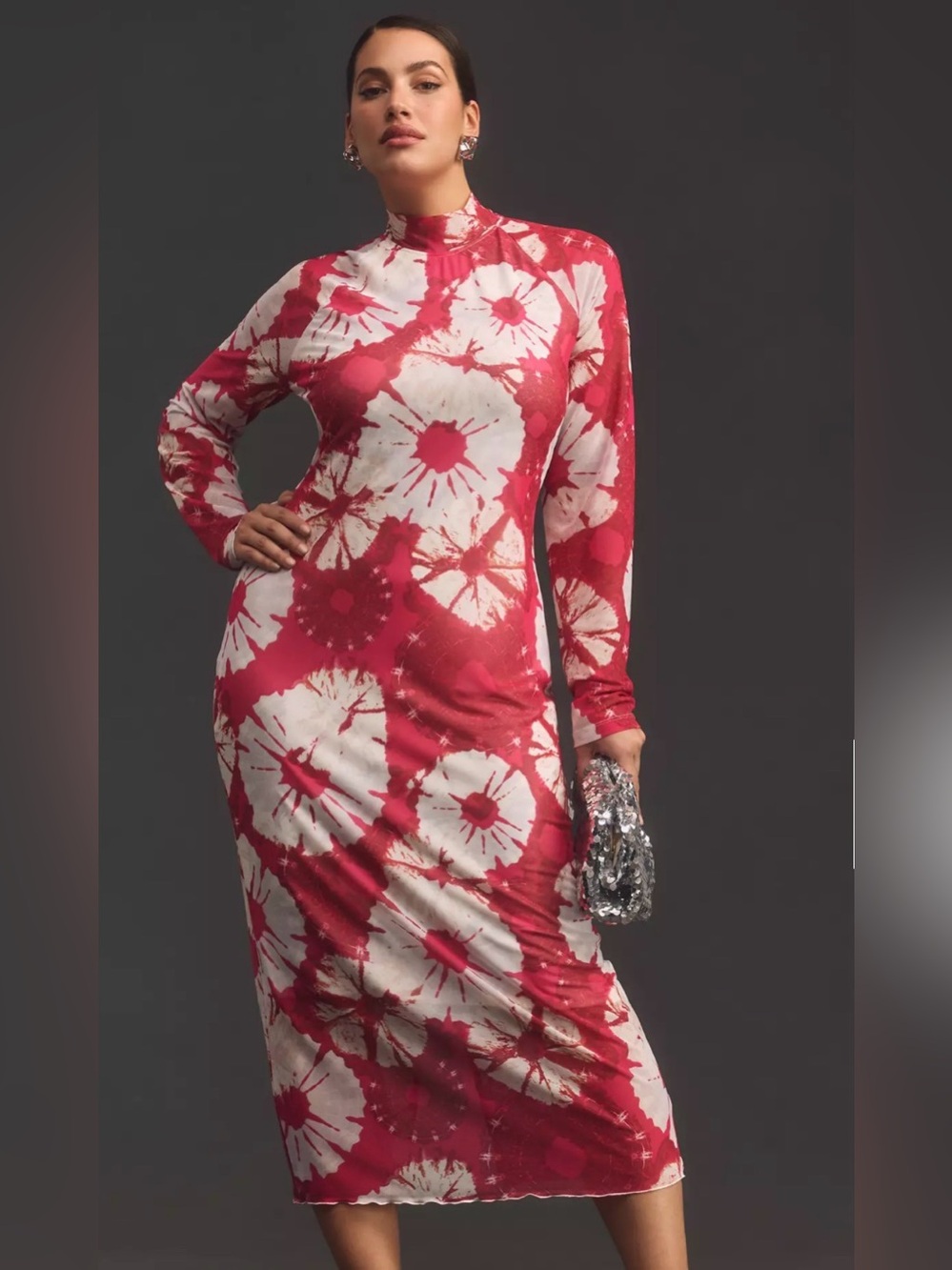 By Anthropologie Long Sleeve Mock Neck Mesh Floral Printed Slim Midi Dress Pink